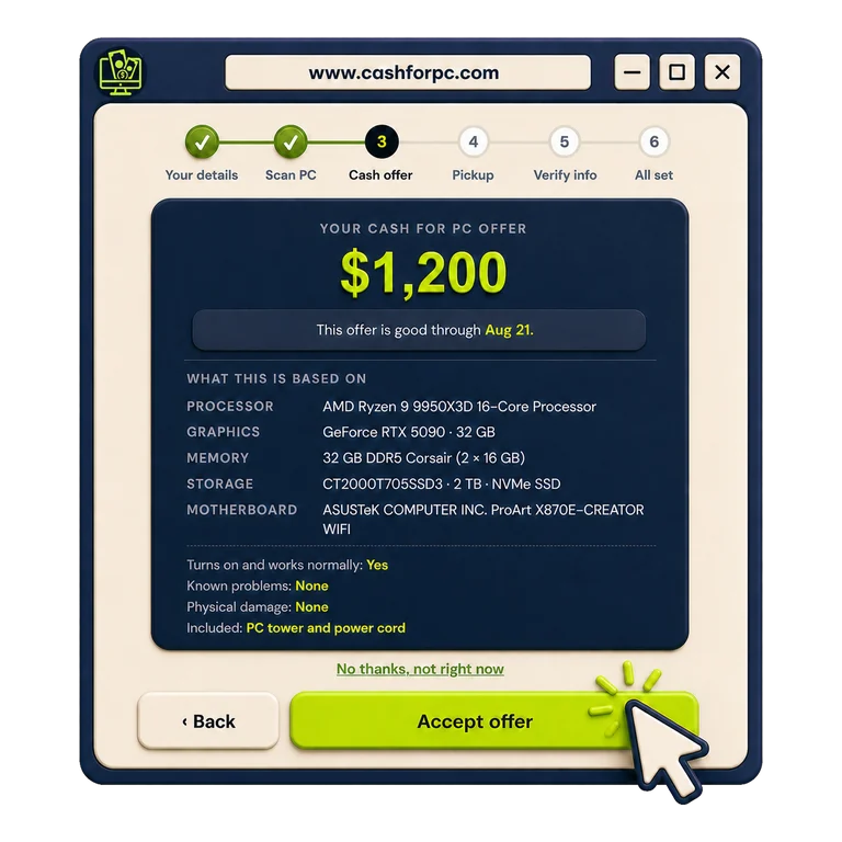 A cash offer for a PC shown on the Cash For PC website