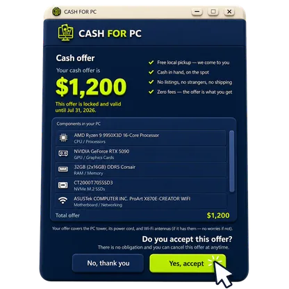 Mouse pointer accepting a firm offer in the Cash For PC app