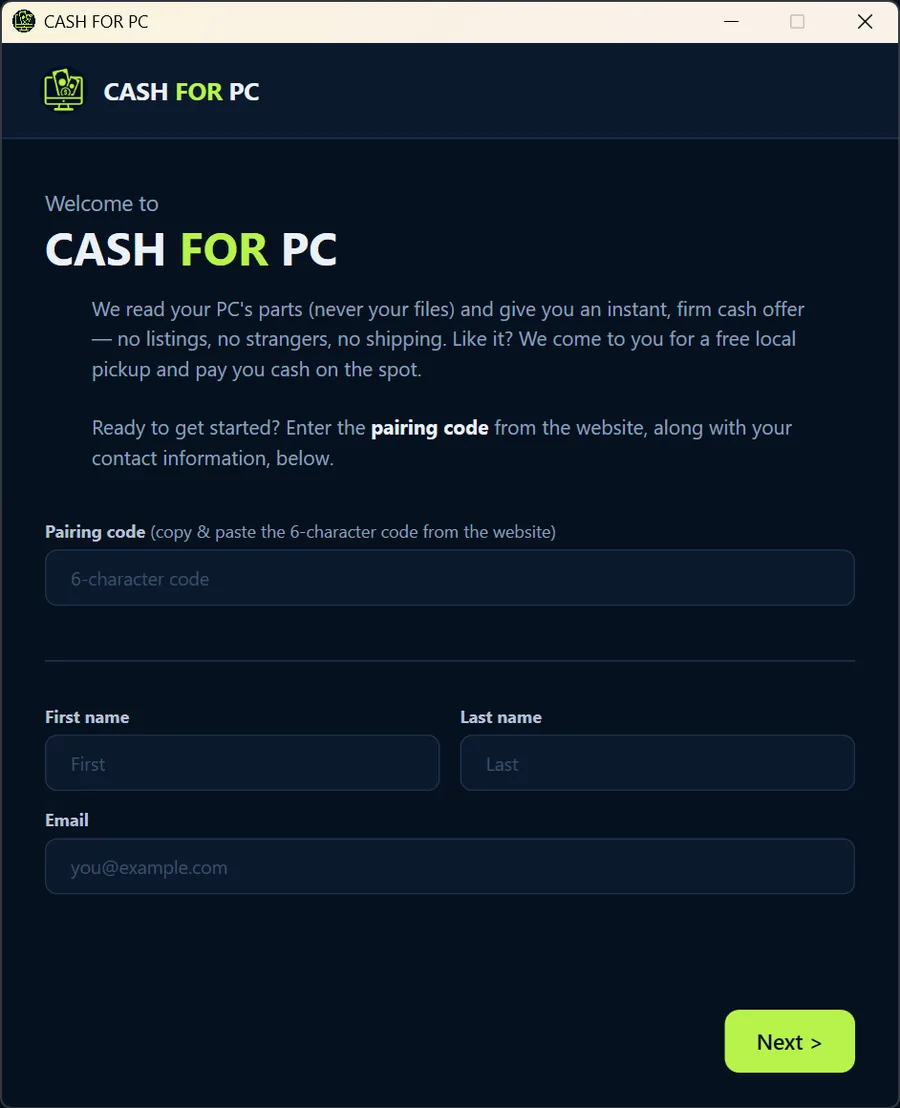 Cash For PC welcome screen with pairing and contact fields