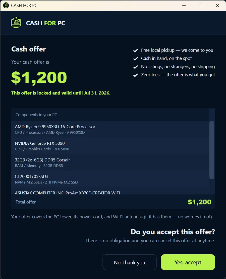 Cash For PC app displaying a firm offer and hardware breakdown