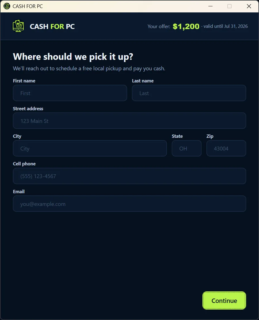 Cash For PC app pickup details screen