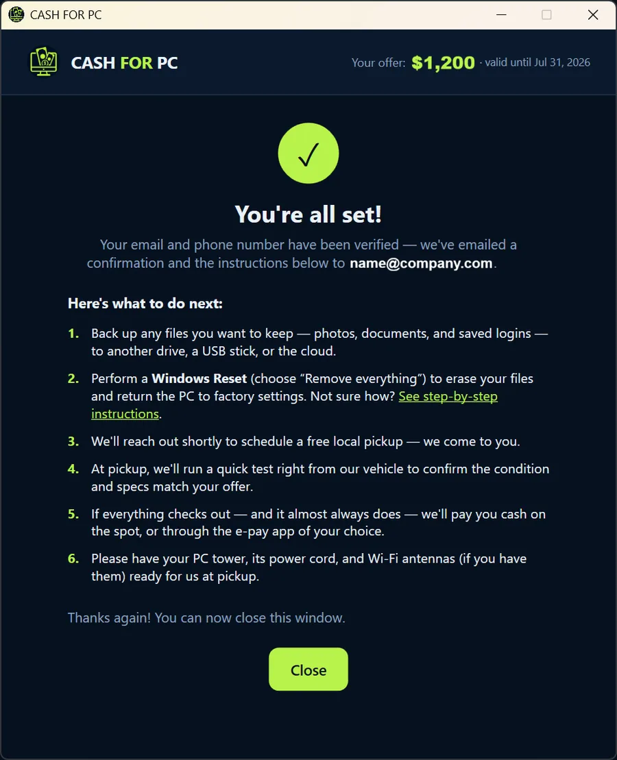 Cash For PC confirmation screen showing the offer is complete