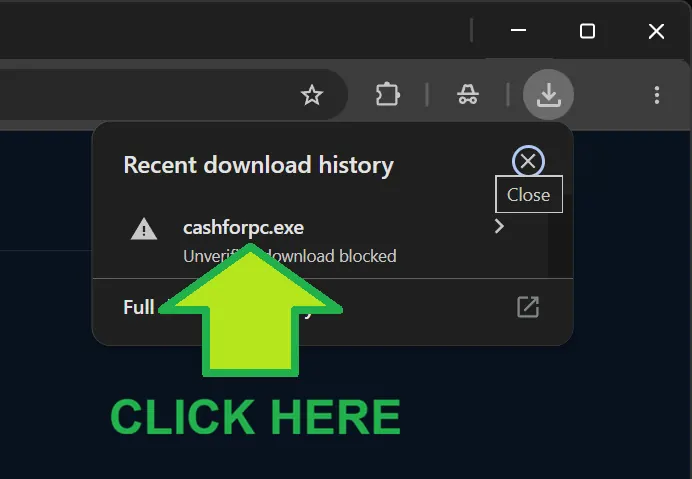 Browser download history with the installer highlighted