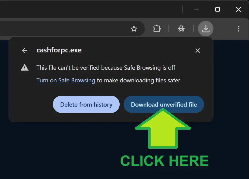 Chrome menu with Download unverified file highlighted