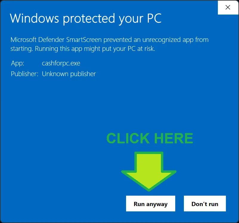 Windows security screen with Run anyway highlighted