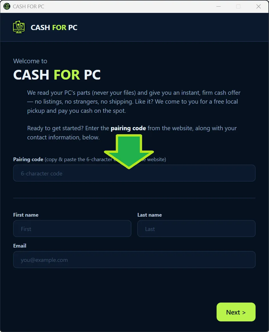 Cash For PC pairing screen next to the pairing code